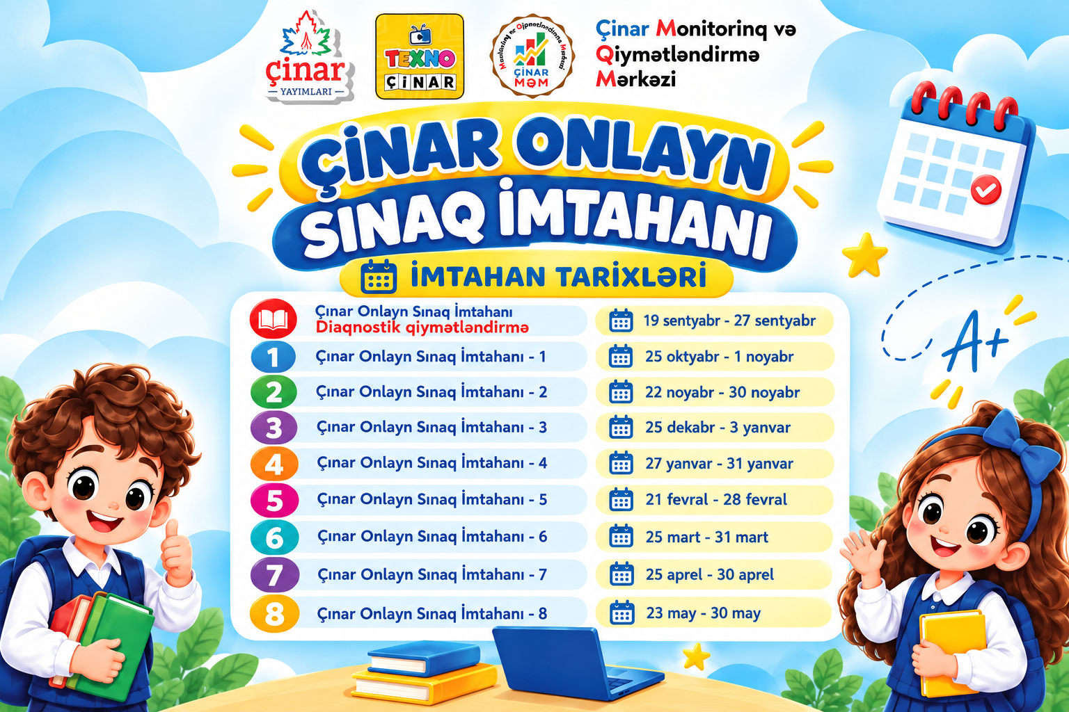 Çinar 2026-2027-ci Tədris İli Onlayn Sınaq İmtahanı Tarixləri